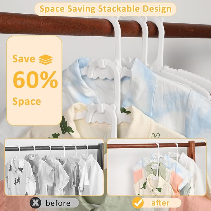 30 Pack Baby Clothes Hangers with 16 Clips, 11-15 inch Adjustable Kid Hanger, Multifunctional Children Hangers for Girl Boy Toddler Kids Child(White)