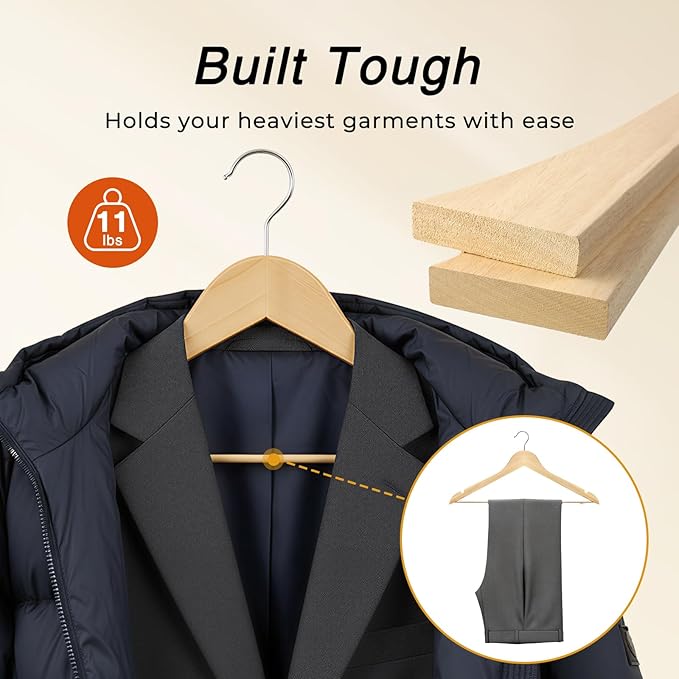 HOUSE DAY Slim Wooden Hangers 20 Pack, Solid Wood Hanger with Non Slip Shoulder Notches & Pant Bar, Smooth Finish Wood Clothes Hangers for Shirts, Suits, Jackets, Natural
