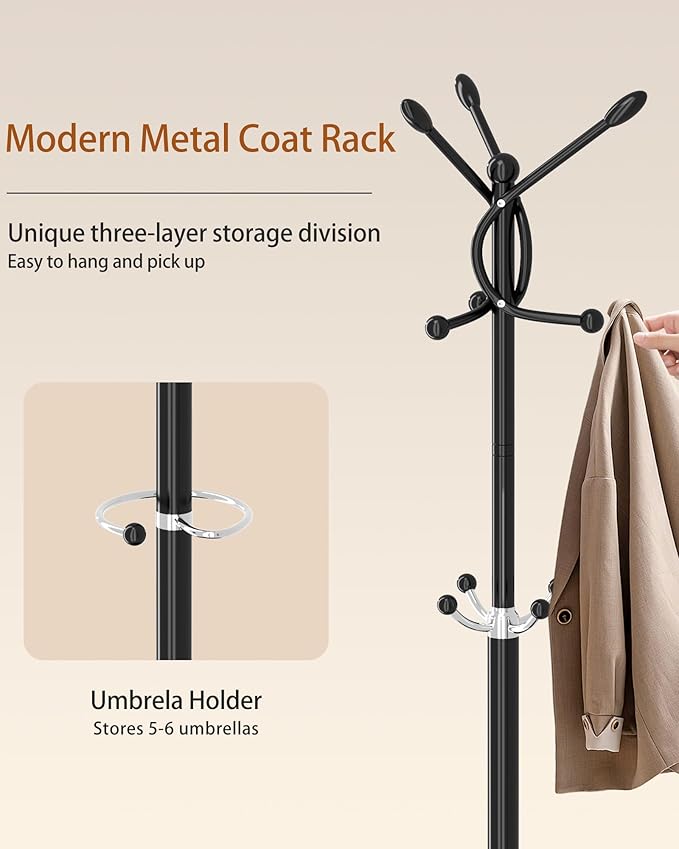 Metal Coat Rack with Natural Marble Base, Coat Rack Stand with 12 Hooks & Umbrella Holder, Black Modern Freestanging Coat Racks, Coat Jacket Hanger Tree Stand for Corner Entryway Office