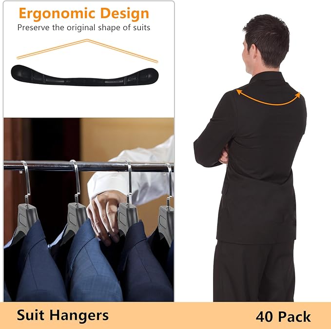DEDU Suit Hangers for Men 40 Pack, Extra Wide Suit Hanger Non Slip Width 17.7", Thick Plastic Coat Hangers Black with Metal Hook