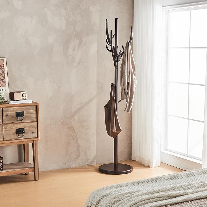 CozyDH Coat Rack Wooden Freestanding - Wood Coat Rack Freestanding Heavy Duty, Wooden Coat Stand with 12 Hooks Creative Tree Branch-look for Entryway, Hallway, Bedroom (Dark Walnut)