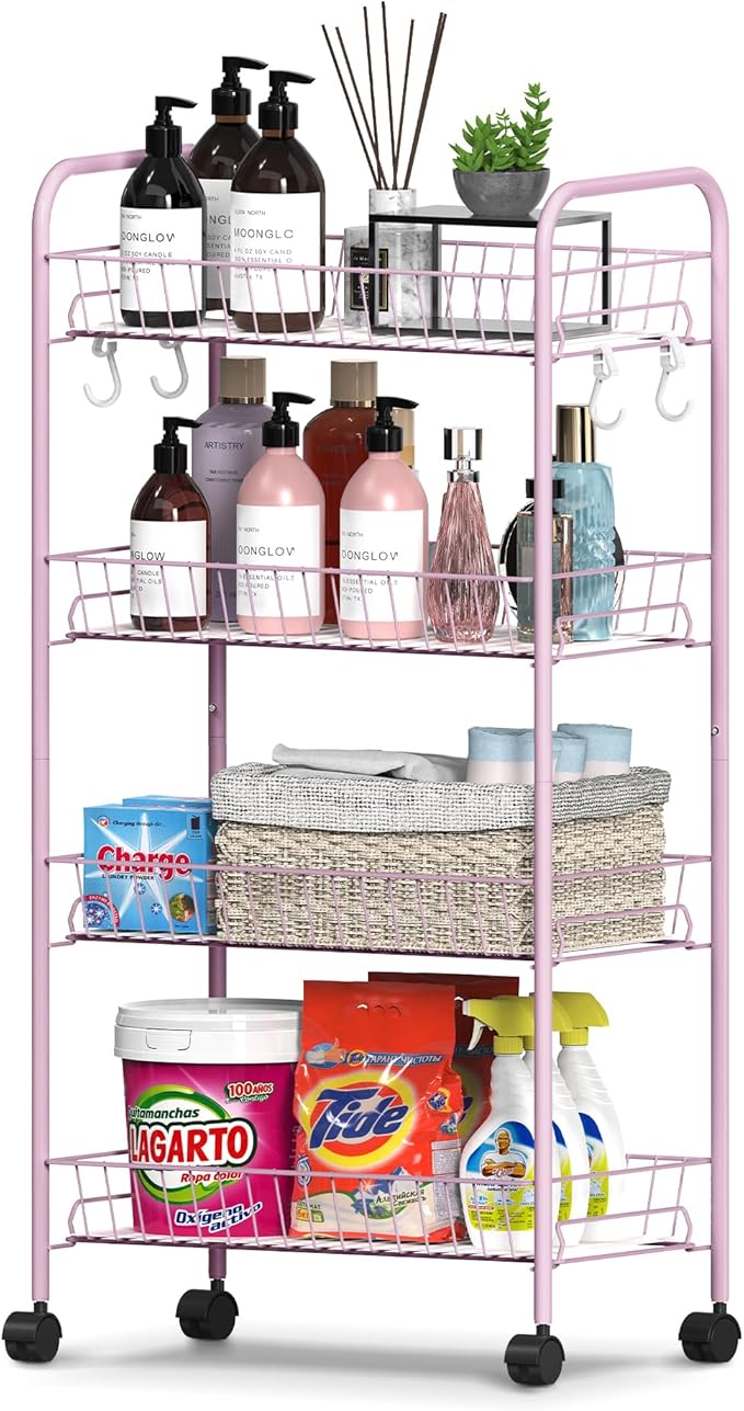 Mythinglogic 4-Tier Rolling Cart with 360° Wheels, Snack Cart, Removable Wire Baskets, Metal Utility Storage Cart for Kitchen, Bathroom, Laundry Room, Office