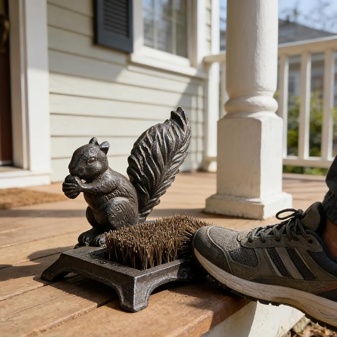 Cast Iron Squirrel Shoe Brush, Rust Brown Vintage Shoe Cleaner with Bristles, 7.5 Inch Height Decorative Boot Scraper for Porch, Entryway, Home Decor Gift HC8299