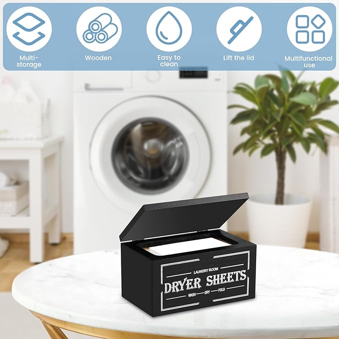 Dryer Sheet Holder and Lid, Dryer Sheet Container, Laundry Pods Dispenser, Laundry Pod Holder, Rustic Farmhouse Dispenser Laundry Room Decor Accessories, 7.9x4.9x4.3in (Black)