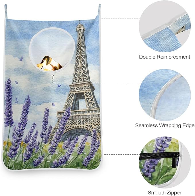 Hanging Laundry Hamper with Stainless Steel Hooks,Oxford Fabric Printing Door Laundry Clothes Bag, 29.5X20inch 1PCS Lavender Eiffel Tower Watercolour Blue