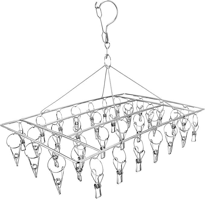 Stainless Steel Sock Drying Rack with 36 Clips, Swivel Hook Wind-Proof Clothes Hanger Rack for Sock, Bras, Underwear, Laundry Accessories