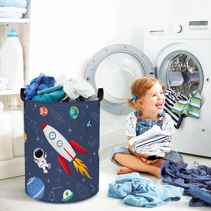 Clastyle 45L Rocket Astronaut Laundry Hamper for Bedroom Waterproof Collapsible Blue Universe Toys Storage Basket with Drawstring, 14.2 * 17.7 in