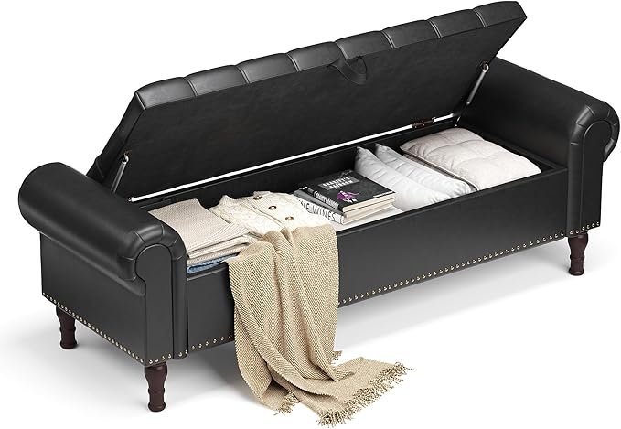 YOUDENOVA 60" Storage Bench with Rolled Arms, Upholstered Bed Bench with Vintage Rivets, PU Leather Bench for Bedroom End of Bed, Living Room, Entryway, Black