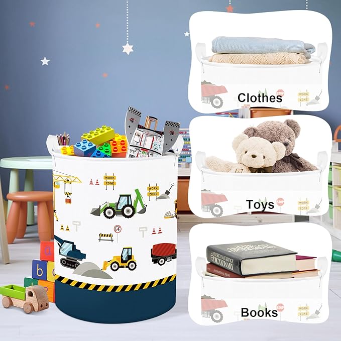 Clastyle Large Construction Truck Kid Laundry Hamper with Handle Boy Bedroom Bathroom Nursery Collapsible Clothes Toy Storage Basket with Lid, Blue Vehicle, 40x50 cm