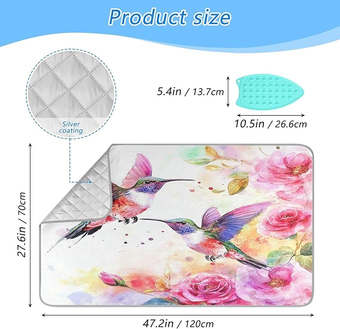 Watercolor Rose Pink Spring Hummingbird White Ironing Mat for Table top Portable Ironing Pad Blanket for Washer Dryer Countertop Travel