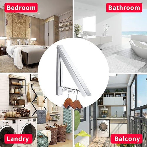 Dr.DJ Retractable Clothes Rack Wall Mounted Clothes Hanger - Foldable Clothes Drying Rack Wall Mount Coat Hangers for Laundry Indoor, Aluminium (1 Rack, Silver)