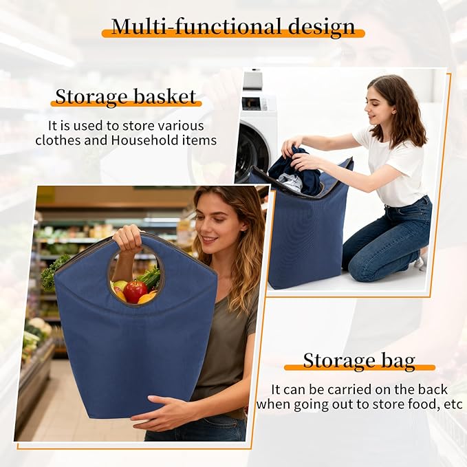 Foldable Storage Hamper Bag with Soft Padded Handle, 17.7x17x9.5inch Multi-Purpose Oxford Fabric Laundry Basket, Collapsible Storage Bag for Home, Bedroom, Dormitory, Travel & Outdoor