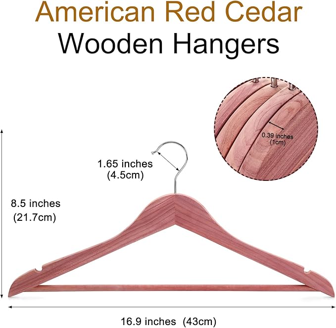 TOPIA HANGER 30-Pack American Red Cedar Wooden Hangers, Clothes Hangers for Closet, Wood Coat Hanger with Smooth Cut Notches, 360° Swivel Hook, Non-Slip Pants Bar-CT54C30
