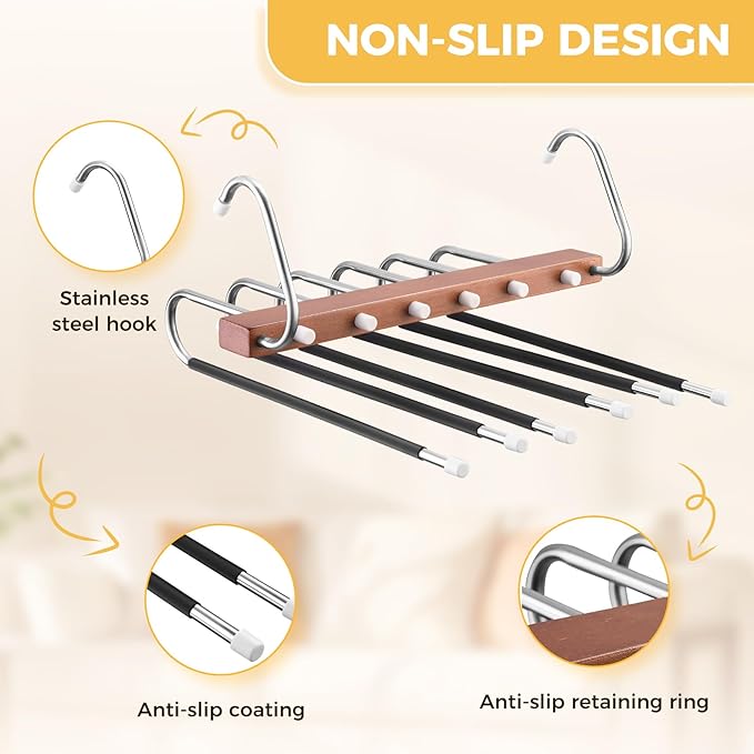 Pants Hangers Space Saving, 4 Packs Wooden Closet Organizer, Anti-Slip Design Leggings Hanger, Multi-Layer Clothing Pant Rack for Jeans, Trousers, Skirts, Scarves & Slacks