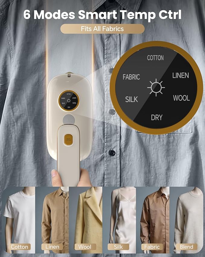 Travel Steamer Iron for Clothes, Portable Handheld Garment Steamer with 6 Smart Modes, Strong Penetrating Steam, 180° Rotatable Handle, 150ml Large Tank for Home & Travel (White)