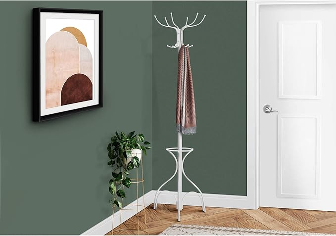 Monarch Specialties I 2030 Coat Rack, Hall Tree, Free Standing, 12 Hooks, Entryway, 70" H, Umbrella Holder, Bedroom, Metal, White, Contemporary, Modern