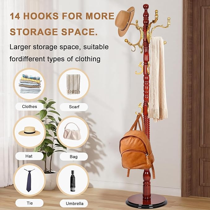Solid Wood Coat Rack, Free Standing Hall Coat Tree with 14 Hooks, 3 Height Options, 330lbs Load, Stury Base, Clothes Rack for Entryway, Hallway, Bedroom (Disc Base - Begonia)