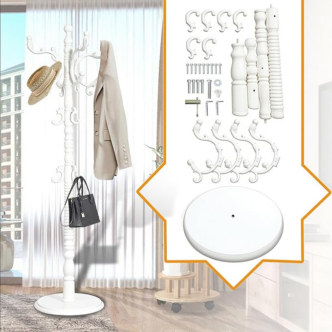 Free Standing Coat Rack with 14 Hooks, Vintage Wooden Coat Tree, Adjustable Height 73 Inches, Retro Coat Stand for Entryway, Living Room, Office & Bedroom (Retro White, 1 PCS)