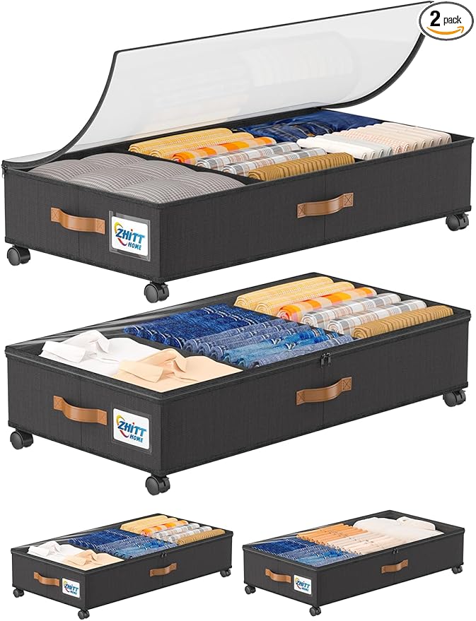 2Pack Under Bed Storage with Wheels, 58L XXL Under Bed Shoe Storage Containers, Clothes Organizer & Bedroom Furniture Organizers,Foldable Home Storage Bins for Bedroom Organization - Classic