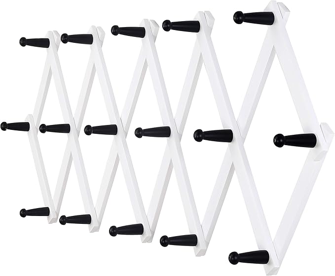 Dseap Accordian Wall Hanger: 16” High Wooden Wall Expandable Coat Rack, Hat Rack Holder, Accordion Hook for Baseball Caps, Coats, Mugs, 16 Peg Hooks, White & Black