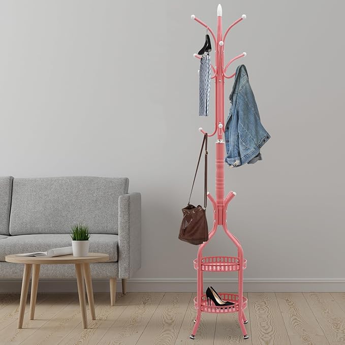 Coat Rack Freestanding,72.8in High Metal Coat Tree with 15 Hooks and Storage Shelves for Entryway Living Room Bedroom Office Use(Pink)