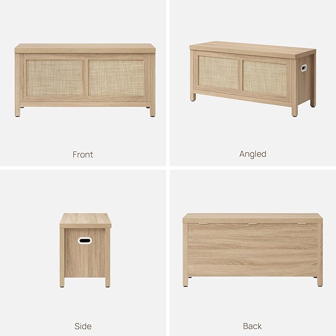 SICOTAS Rattan Storage Chest - 39.4" Storage Bench for Bedroom, Boho Storage Truck with 2 Safety Hinges and Flip Top for Living Room Entryway, Supports 220 lb, Light Oak