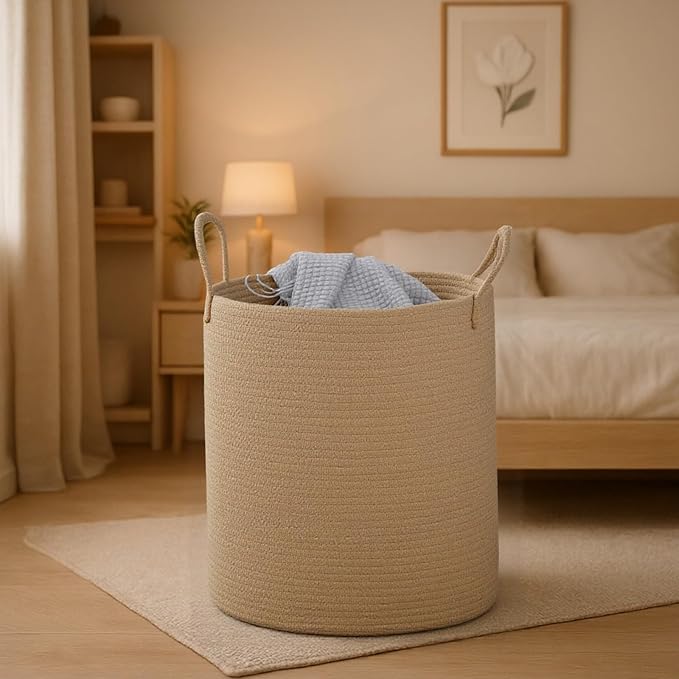 Woven Basket Nursery Laundry Hamper with Handles, Clothes Storage Organizer, Woven Basket for Boy Room Decor, Toy & Blanket Storage Bin, 15x15x18 Inch,Oatmeal,1pc