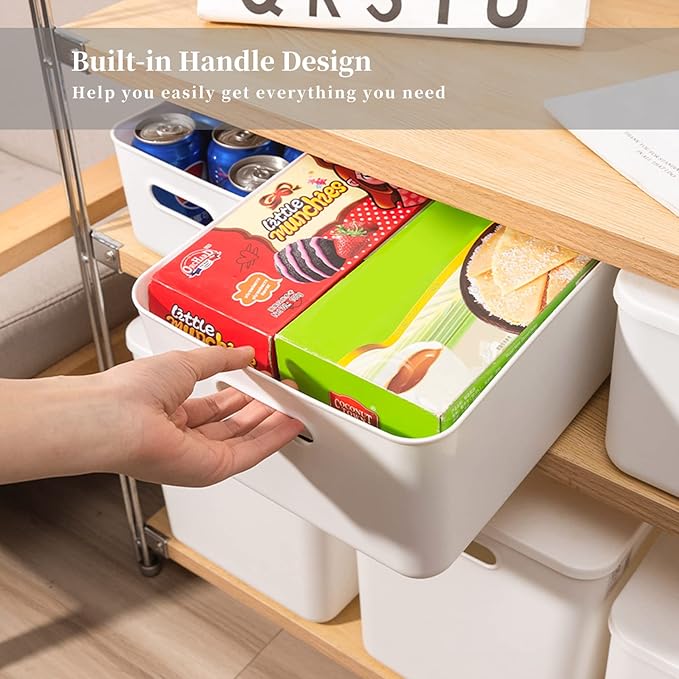 Plastic Storage Baskets Bins Boxes With Lids,Organizing Container White Storage Organizer Bins For Shelves Drawers Desktop Playroom Classroom Office,6-Pack(4M+2S)
