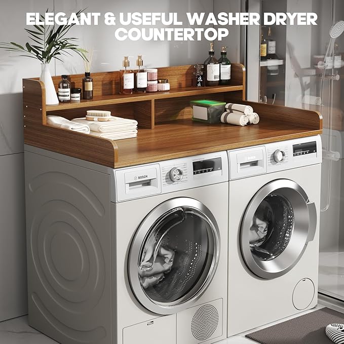 2-Tier Washer and Dryer Countertop with 2.75" H Guard,54" W x 27.5" D Laundry Countertop Cover with Non-Slip Pad,Large Space Laundry Topper for Folding Clothes Over Washer and Dryer-Brown