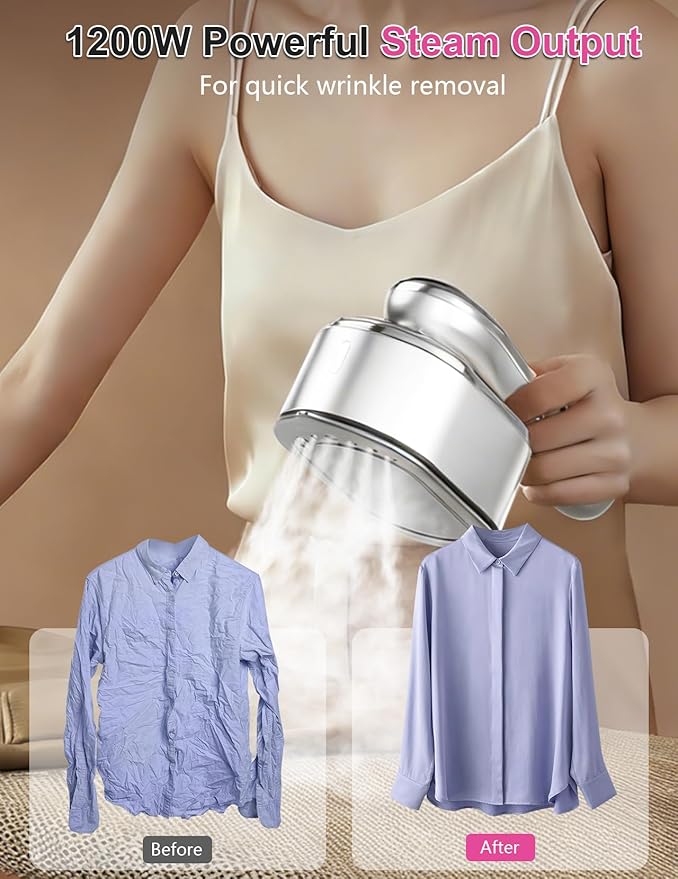 Travel Steamer for Clothes, 1200W Portable Handheld Steamer for Clothes, Portable Steam with LCD Display, 10s Fast Heat-Up, 2-in-1 Powerful Wrinkle Remover for Home & Travel (White)