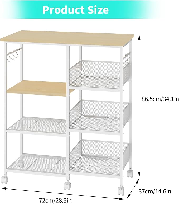 HapiRm Rolling Kitchen Carts with Storage - Microwave Table Stand with 6 Hooks & 3 Baskets, kitchen Island Cart on Lockable Wheels, 28.3" L × 14.6" W Bakers Rack Cart for Dining Room Coffee Bar Office