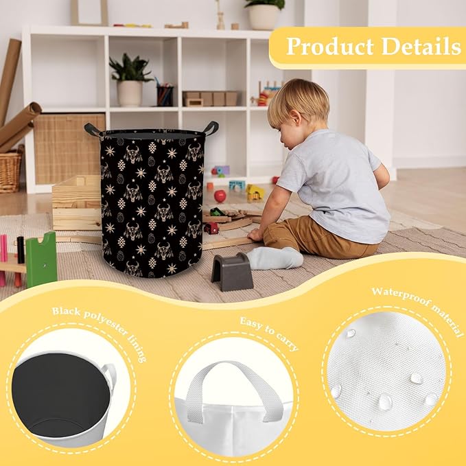 Western Aztec Bull Skull Laundry Basket, Toybox for Boys Girls Room, Western Laundry Basket Hamper Waterproof Collapsible Clothes Toys Storage Bin Organizer for Bedroom Bathroom Kids Room Dorm