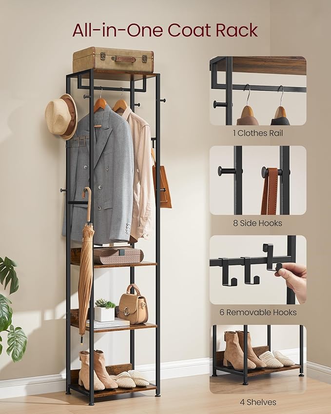 VASAGLE Coat Rack, Freestanding Hall Tree with Shelves, Hanging Rail, and Hooks, Space-Saving Coat Stand, Steel Frame, for Clothing, Bags, Hats, Ink Black and Rustic Brown URCR061BD04