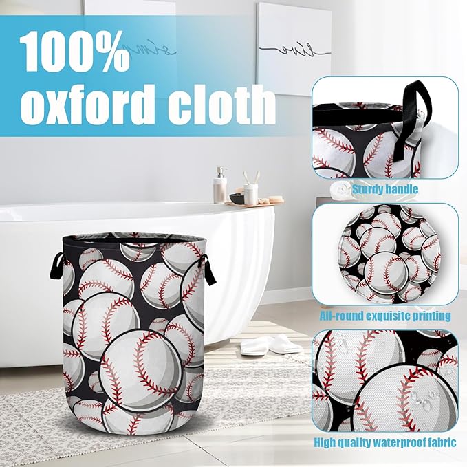 Baseball Softball Laundry Basket, Ball Laundry Hamper Collapsible Oxford Cloth with Handle Clothes Toy Storage Bin for Bathroom Laundry Room Bedroom 15.7 X 20 Inch