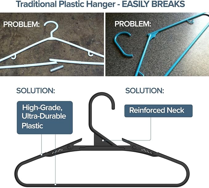 No Hassle-Hangers Best Clothes Hanger Ultra Soft Rubberized Grip Clip Keeps Garments in Place and Off The Floor. Perfect for Wide Neck Silks & Satin Tops, delicates, Athletic wear. (10, Modern Black)