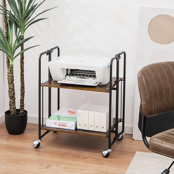 Giantex Foldable Storage Shelves with Wheels, No Assembly 2-Tier Rolling Cart, 2 of The Wheels Have Locks, Microwave Utility Cart Baker Rack, Portable Storage Rack w/Metal Frame, for Kitchen, RV