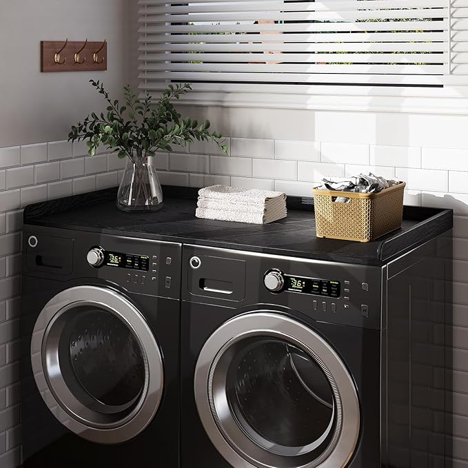 Washer Dryer Countertop, 27.5" x 54“ Wood Washer and Dryer Countertop with Edge Rails for Laundry Room Organization and Storage, Black
