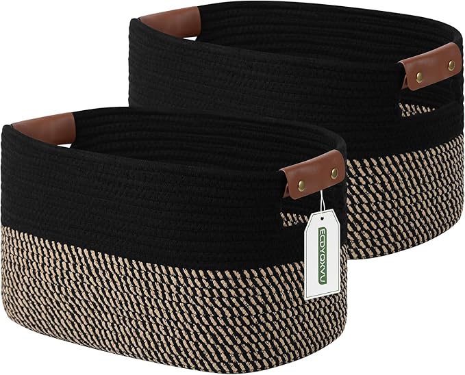 Cotton Rope Basket, Storage Baskets with Handle, 15x10x9 Inch Woven Basket for Shelves, Laundry, Towels, Clothes, Books, (Black Brown 2 Pack)