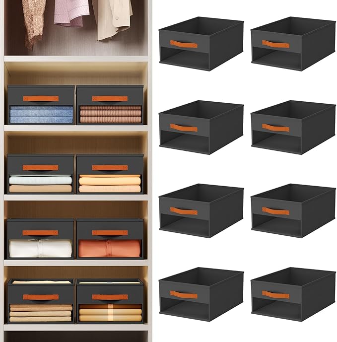 Drawer Organizers and Storage - 8 Pack Foldable Pants Organizer with Clear Window & Handles, Fabric Closet Organizer for Clothes, Jeans, Sweaters, Towels, T-shirt, Scarf (Black)