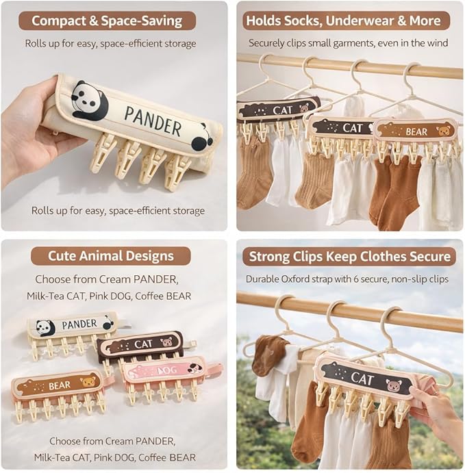 FOLAI 4-Pack Portable Fabric Products Travel Hangers Foldable Suitcase Clothespin Small Clothes pin Rack with 6 Clips（Animal-Themed）