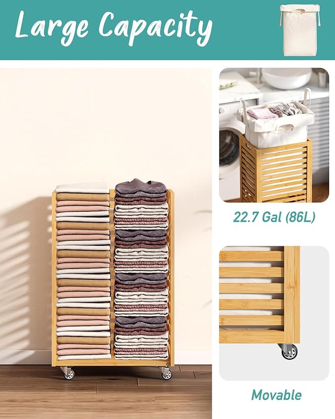 Laundry Hamper, 22.7 Gallon (86L) Bamboo Wood Clothes Laundry Basket with Wheels and Handles, Removable Liner
