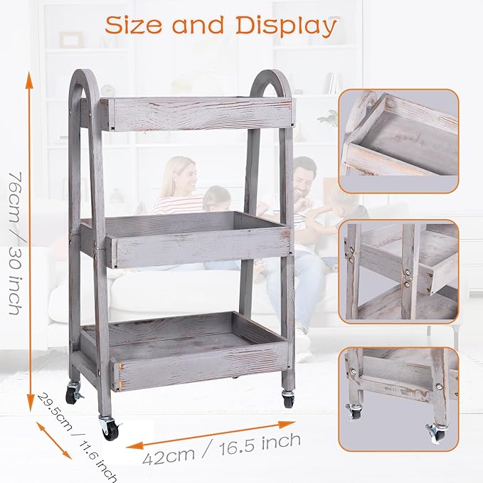 3-Tier Wooden Rolling Cart- Wooden Utility Cart wit Wheels- Utility Rolling Cart-Storage Trolley Organizer- Rolling Kitchen Serving Cart for Office,Kitchen, Kids' Room (Retro Grey)
