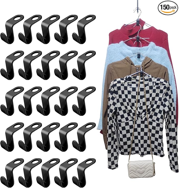 150 PCS Clothes Hanger Connector Hooks, Hanger Extender Clips, Cascading Hanger Hooks for Heavy Duty Space Saving Cascading Connection Hooks, Velvet Huggable Hangers Accessory,Black