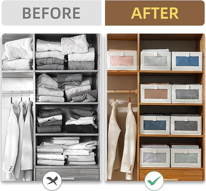Linen Closet Organizers And Storage, 12 Pack Closet Storage Bins Linen Closet Baskets for Closet Organization Foldable Closet Organizer Bins with Clear Window For Organizing Clothing, Jeans, Shelves