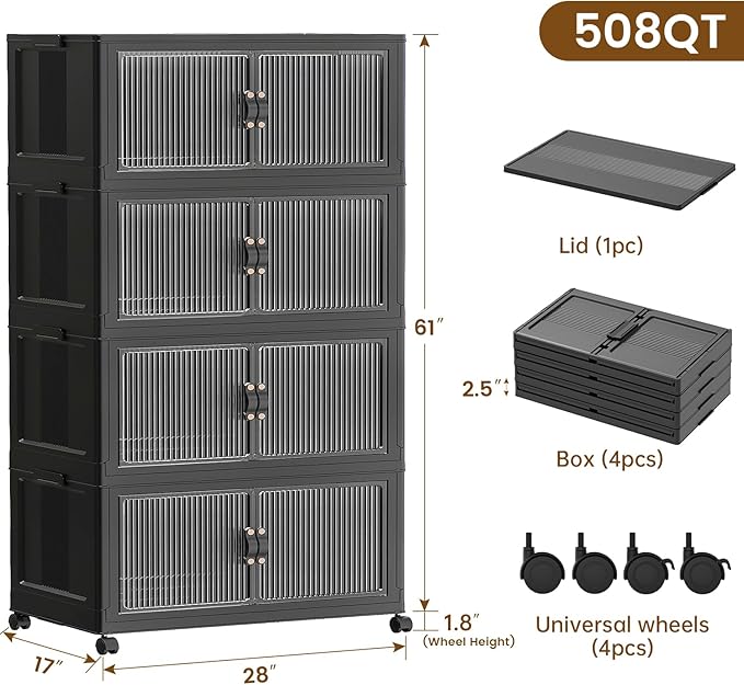 SAILUN 508Qt Extra Large Stackable Storage Bins Folding Collapsible Storage Bins with Lid, Closet Organizers and Storage Box with Door Black 28" W x 17" D x 61" H