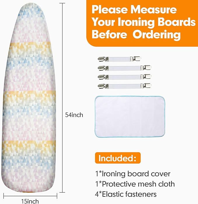 Ironing Board Cover and Pad, 15x54 Standard Size Thick Iron Padding, Scorch & Stain Resistant Ironing board cover, Heavy Duty Iron Board Padded with Adjustable Fasteners Durable Elastic Edge, Colorful