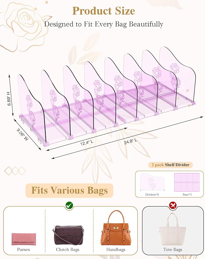 Rose Purse Dividers for Closet, 2 Pack Clear Clutch Purse Closet Organizers, Adjustable Handbag Storage Organizers, Plastic Bookshelf Separator Dividers for Bedroom Office