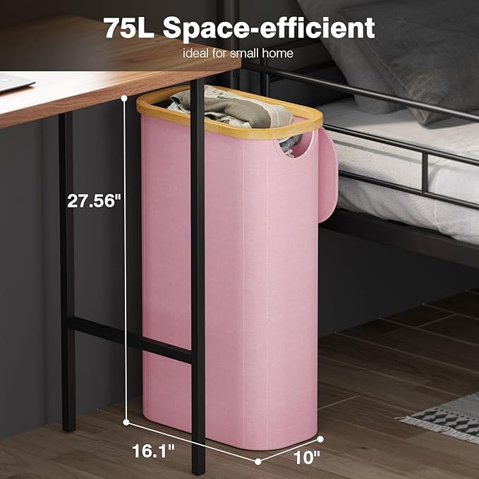 75L Slim Laundry Hamper with Lid, Dirty Clothes Hampers for Laundry, Collapsible Laundry Baskets for Small Spaces, Bedroom, Bathroom, Laundry Room, Pink