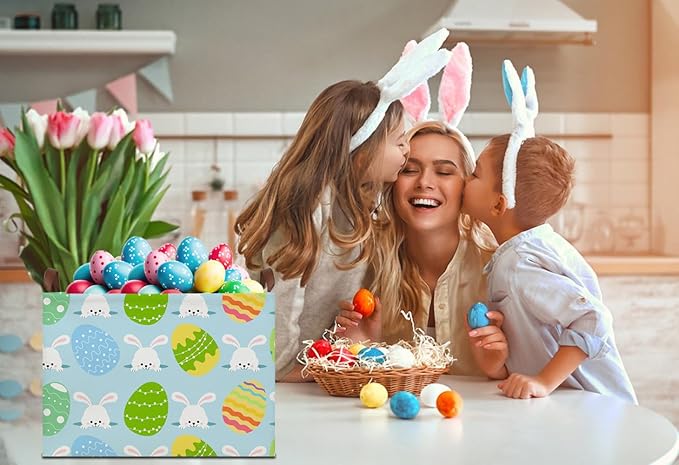 Rectangle Easter Gift Basket Empty with Handles for Kids,Cute Organizer Toy Bin,Books Basket,Room Decor(Easter Rabbit Basket)