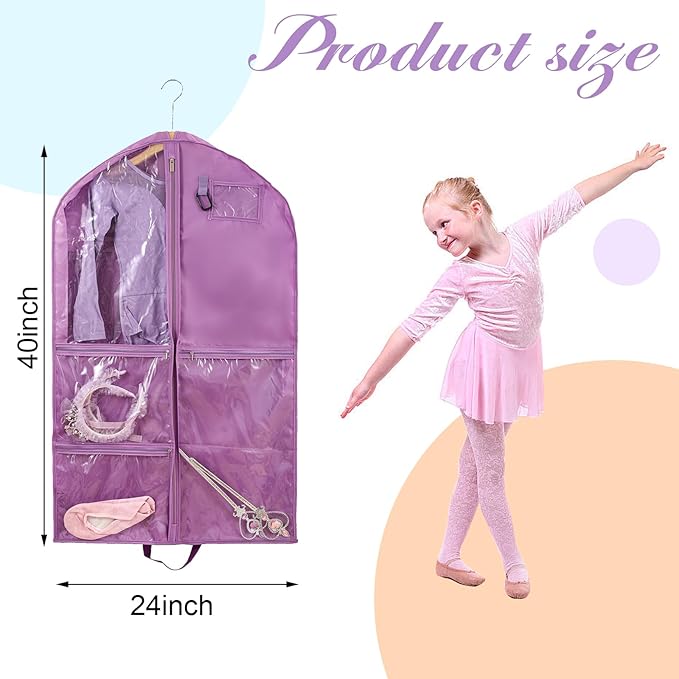 2 Pack Garment Bags for Travel,Dance Costumes Bag,40Inch Garment Bag for Dancers,Kids Cheer Uniform Garment Bags for Hanging Clothes,Dance Recital Bags for Girls,Purple